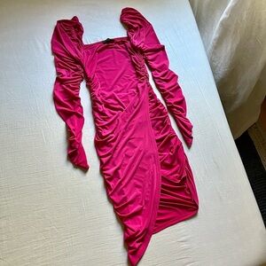 Michael Costello x Revolve fuschia magenta knit ruched bodycon long sleeve dress